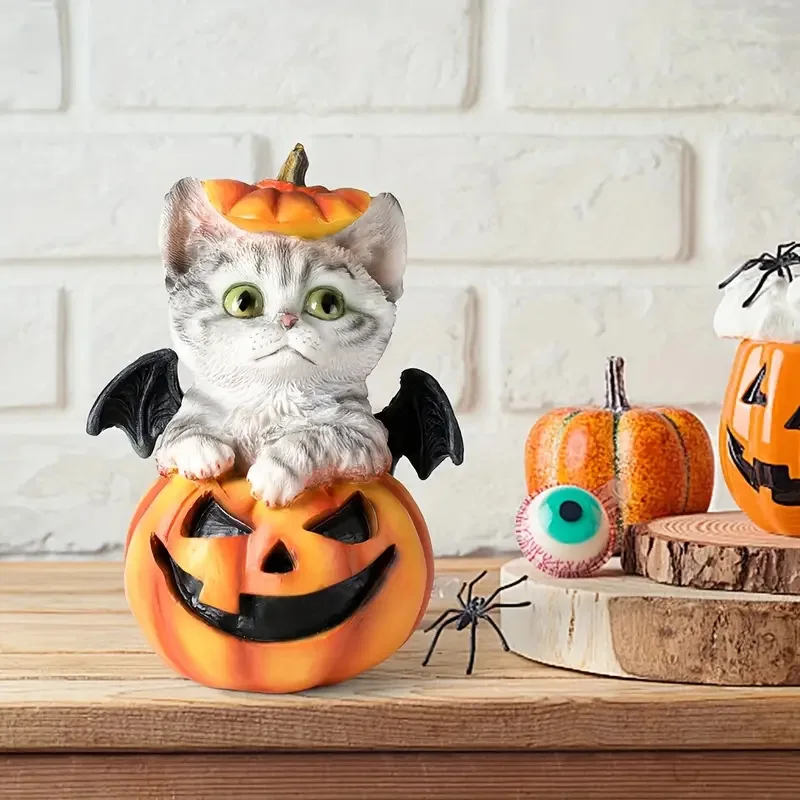 

Hot selling Halloween pumpkin sitting cat resin ornament decoration crafts bat cat