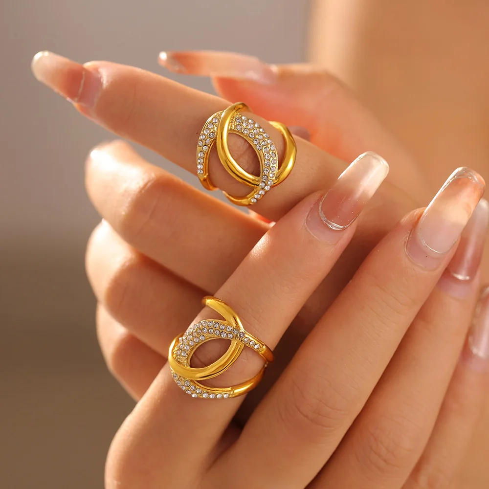 Trendy C Shape Hip Hop Rings for Women Luxury Inlaid Zircon Index Ring Stainless Steel Gold-plated Waterproof Party Jewelry Gift