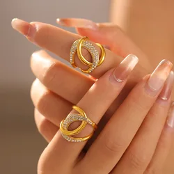 Trendy C Shape Hip Hop Rings for Women Luxury Inlaid Zircon Index Ring Stainless Steel Gold-plated Waterproof Party Jewelry Gift