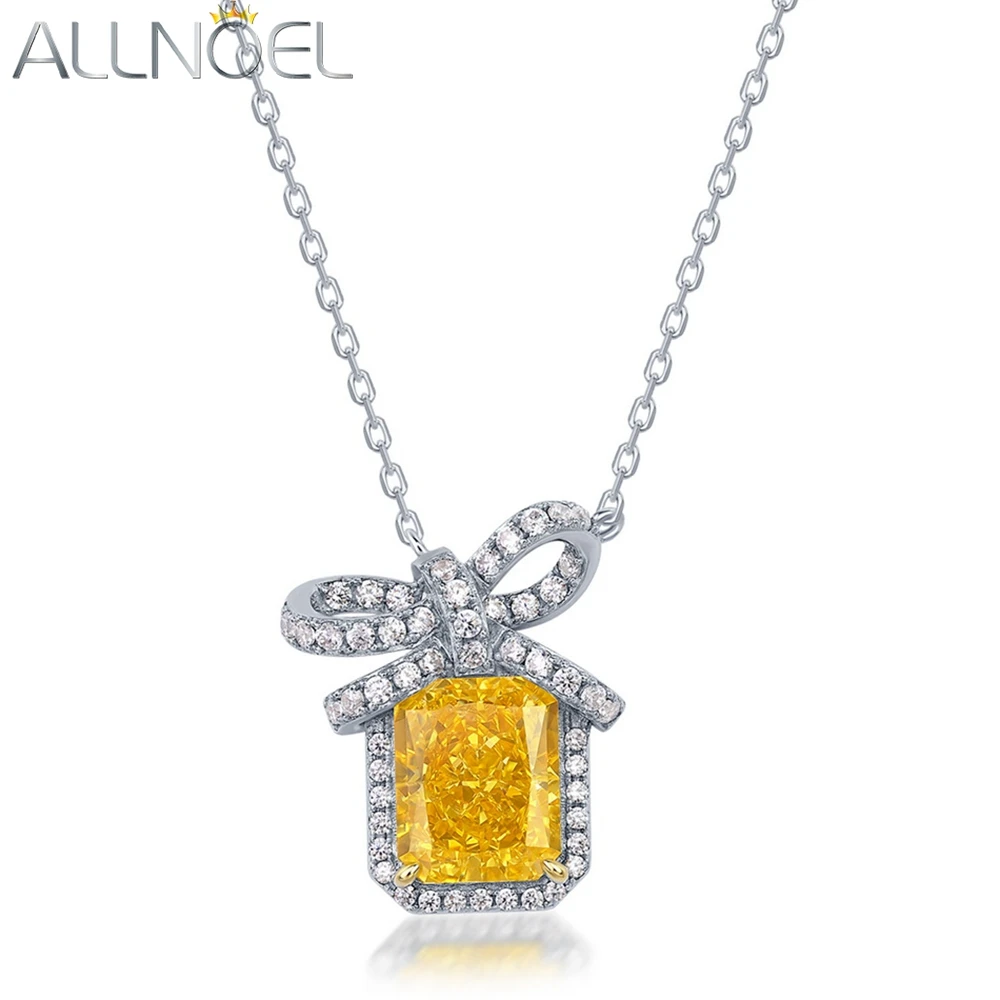 

ALLNOEL 925 Silver Necklace For Women 8*10mm High Carbon Diamond Yellow Stone Bow Anniversary Party Gifts Classic Fine Jewelry