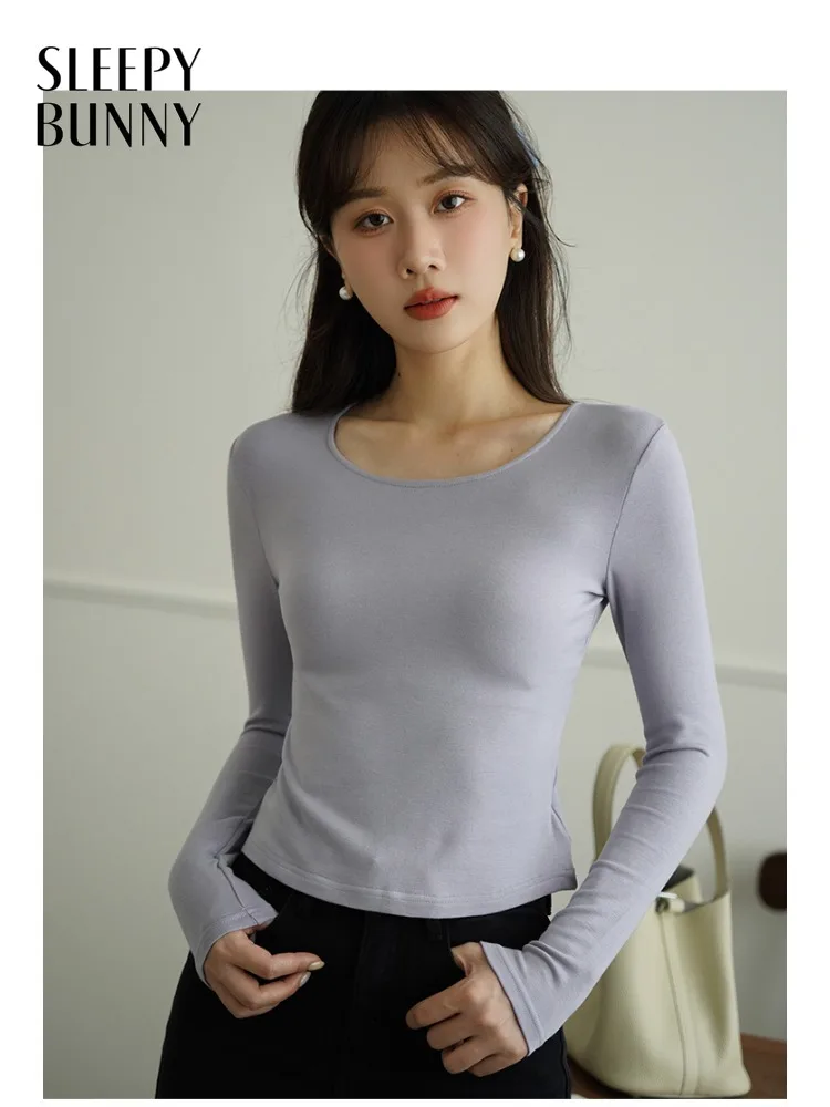 

Soft Long Sleeve Top Women Lady Basic Round Neck T-Shirt Warm Skin-Friendly Slim Fit Shirt Chic Casual Spring Layering Outfit