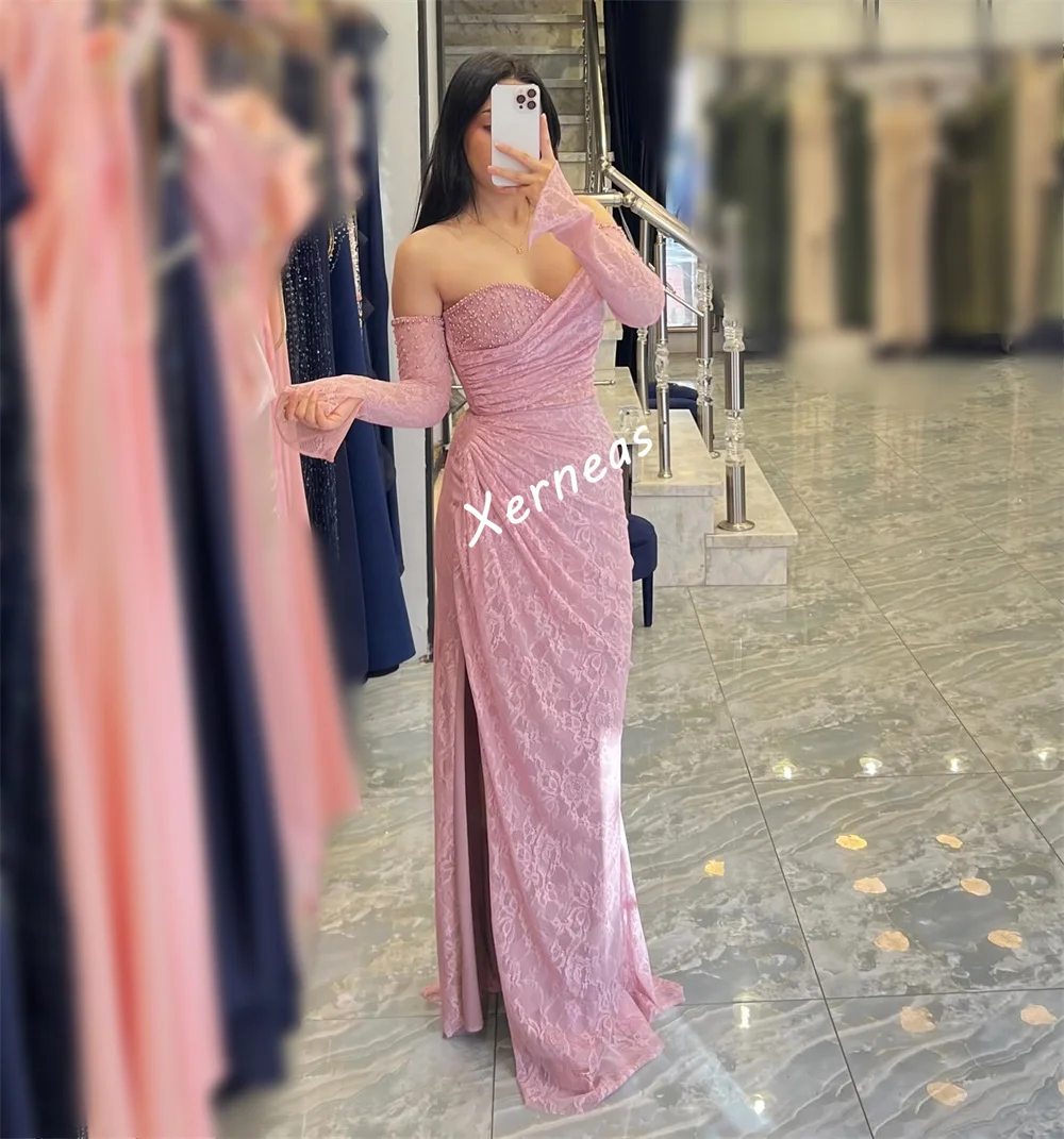 تخصيص الدانتيل الطية الديكور خارج على الكتف البوق فساتين طويلة مخصصة مناسبة مساء اللباس عالية الجودة حزب ثوب