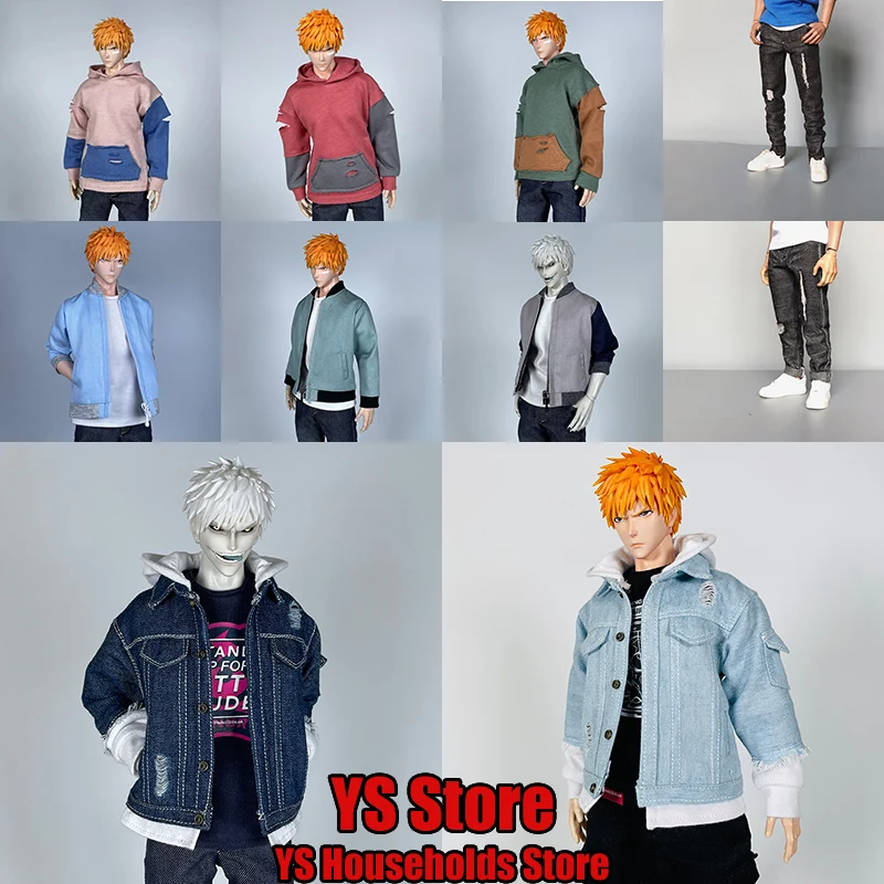 1/6 Anime Man Soldier Cosplay Spliced Trendy Hoodies Sweatjacket Ripped Hole Jeans Fake Two Pieces Denim Coat For 12