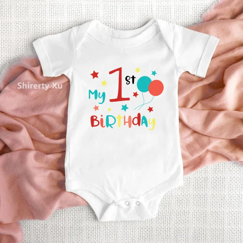 My First Birthday Baby Bodysuits Cotton Short Sleeve Boys Girls Rompers Funny Infant Jumpsuits 1st Birthday Baby Outfits