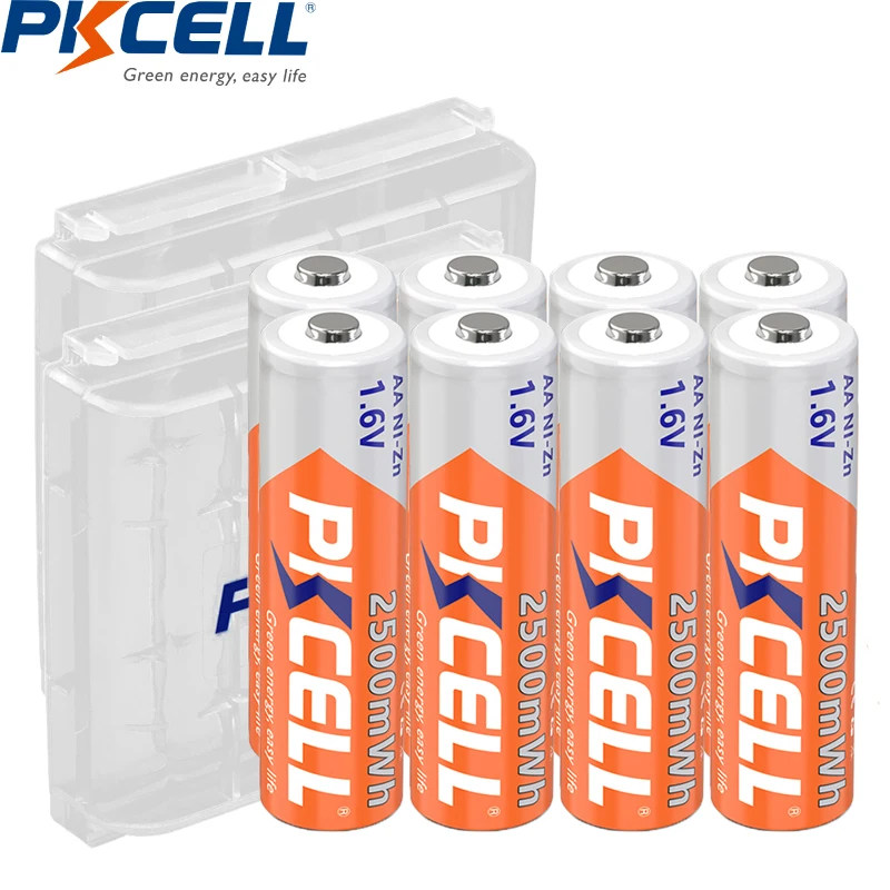 

8PC PKCELL 1.6V Ni-Zn AA Rechargeable Batteries 2A AA NIZN Battery for Gamepad flashligh With 2PC AA Battery Holder Box 2500mWh