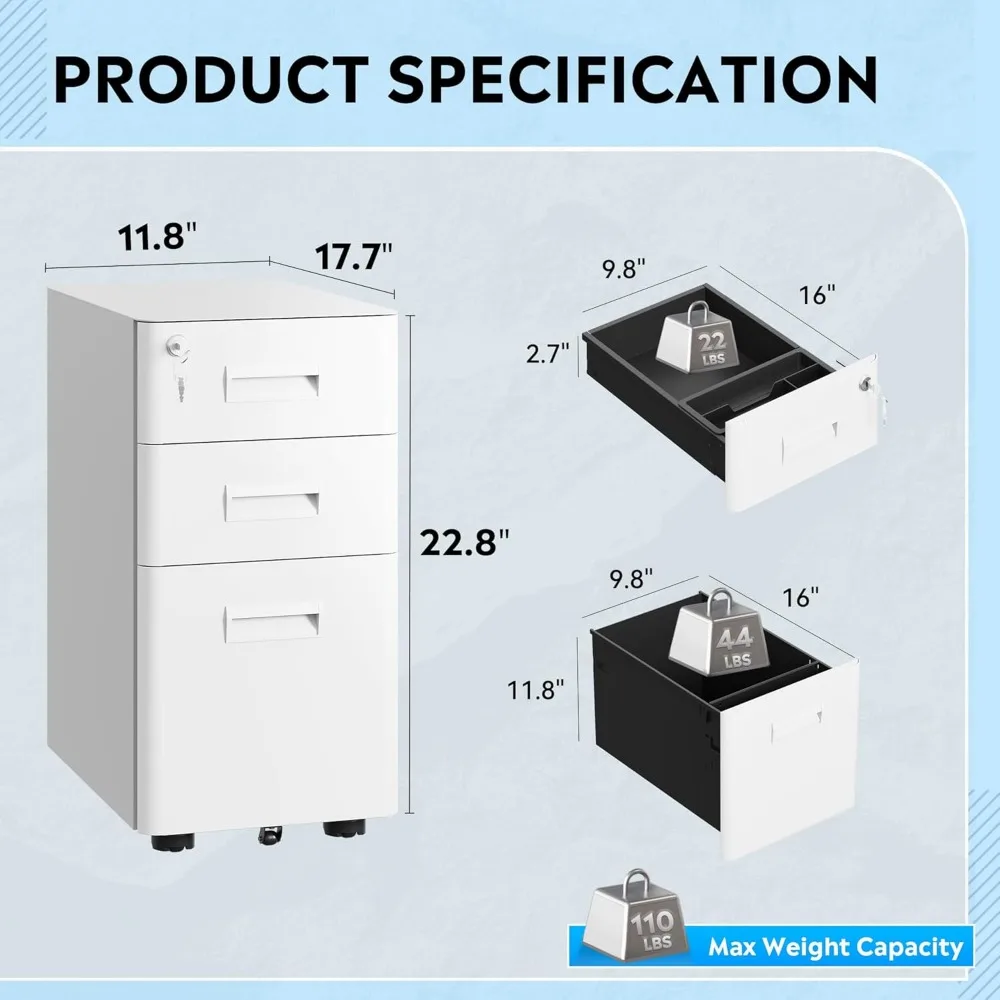 Armário de arquivo móvel com trava branca de 3 gavetas com rodas para escritório, totalmente montado, solução de armazenamento profunda de 17,7