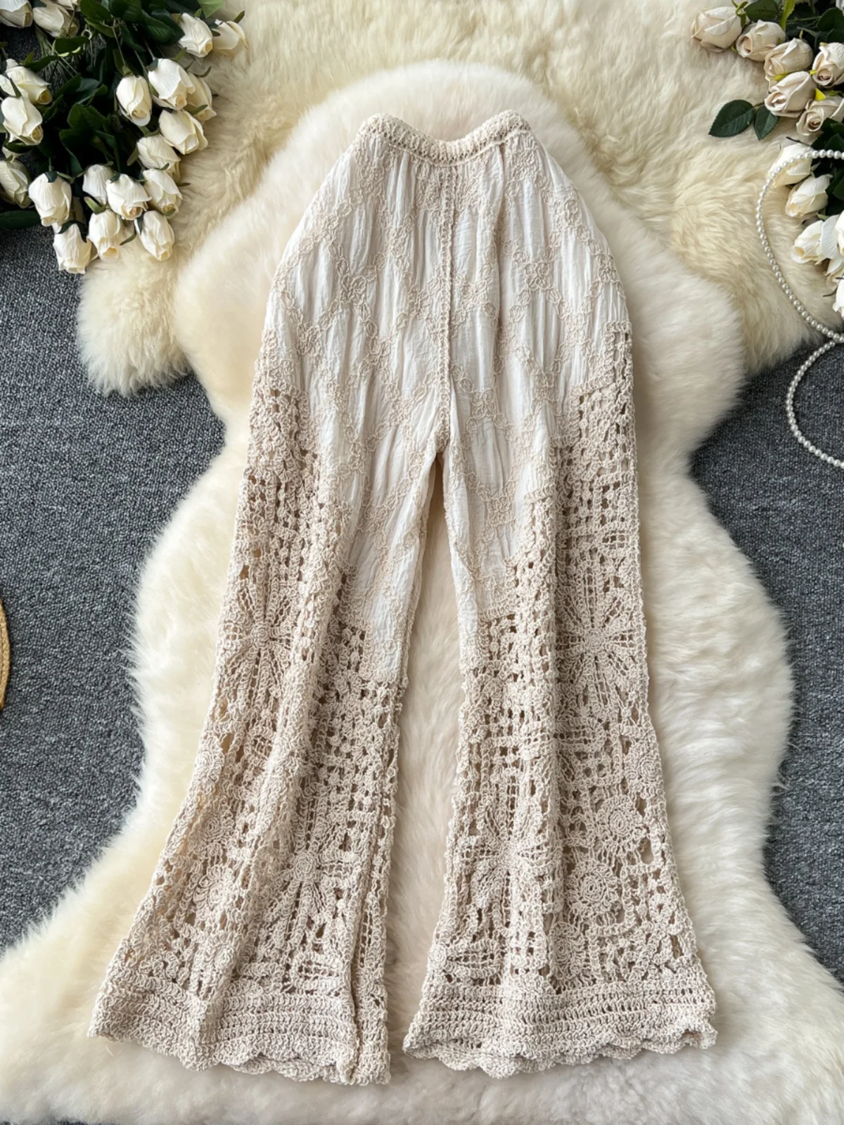 Coreano Sle pesante ricamo cavo lavorato a maglia patchwork a vita alta pantaloni casual a gamba larga donna estate dimagrante spiaggia Tro...