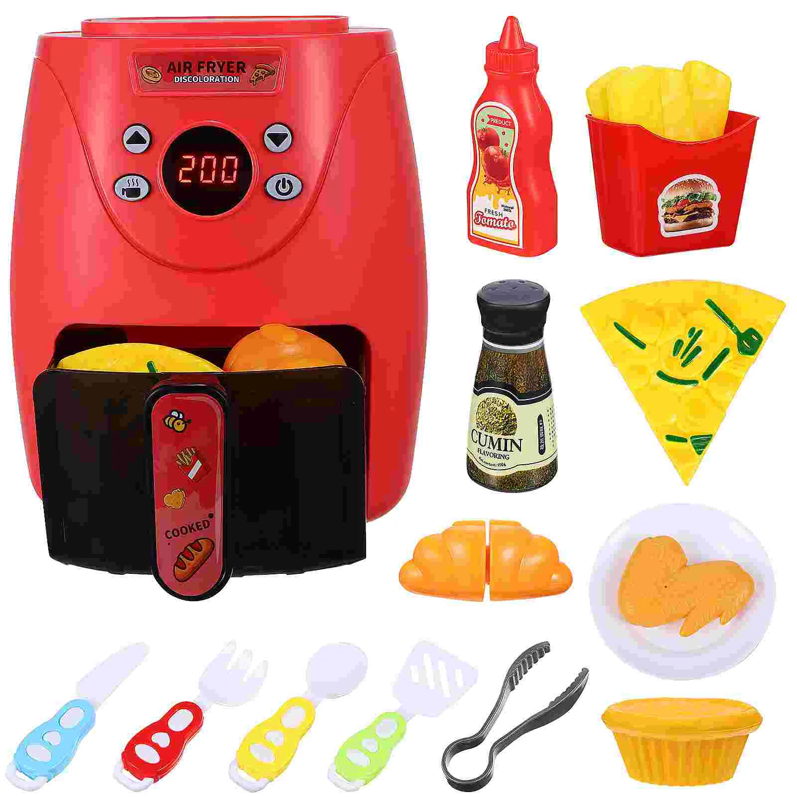 Tomato Red Color Changing Air Fryer Kitchen Pretend Playset Includes Food Items Cooking Prop Toy ABS Material for Playtime