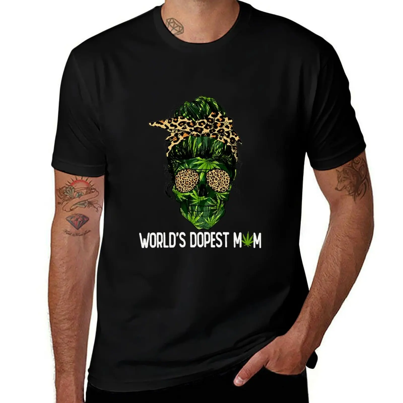 

Weed Skull Lady Wearing Leopard Bandana and Glasses World's Dopest Mom T-Shirt t shirts for man slim fit
