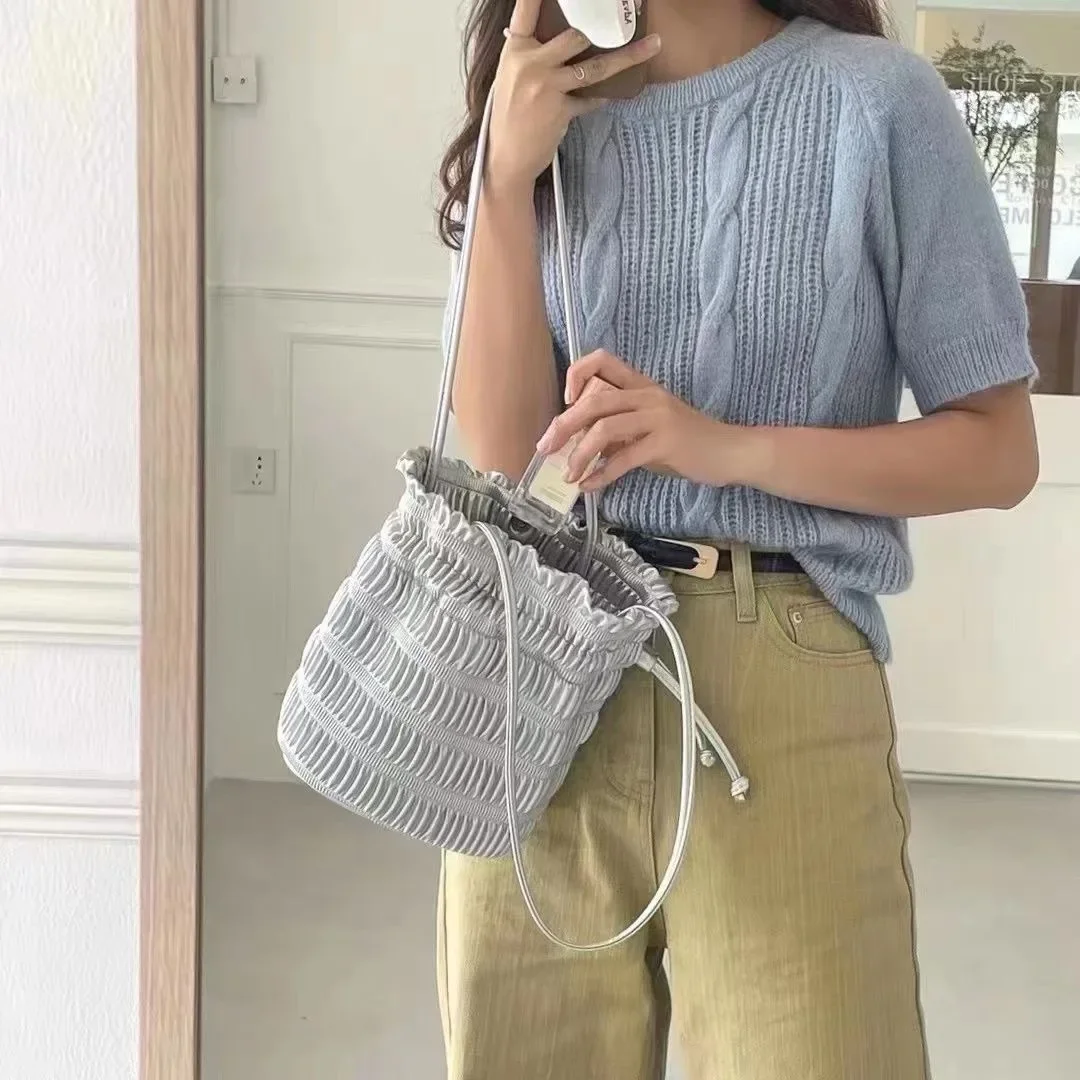 

Elegant Cloud Style Soft PU Leather Pleated Drawstring Bag Women Sweet Underarm Bag Shoulder Bucket Bag for Picnics and Outings