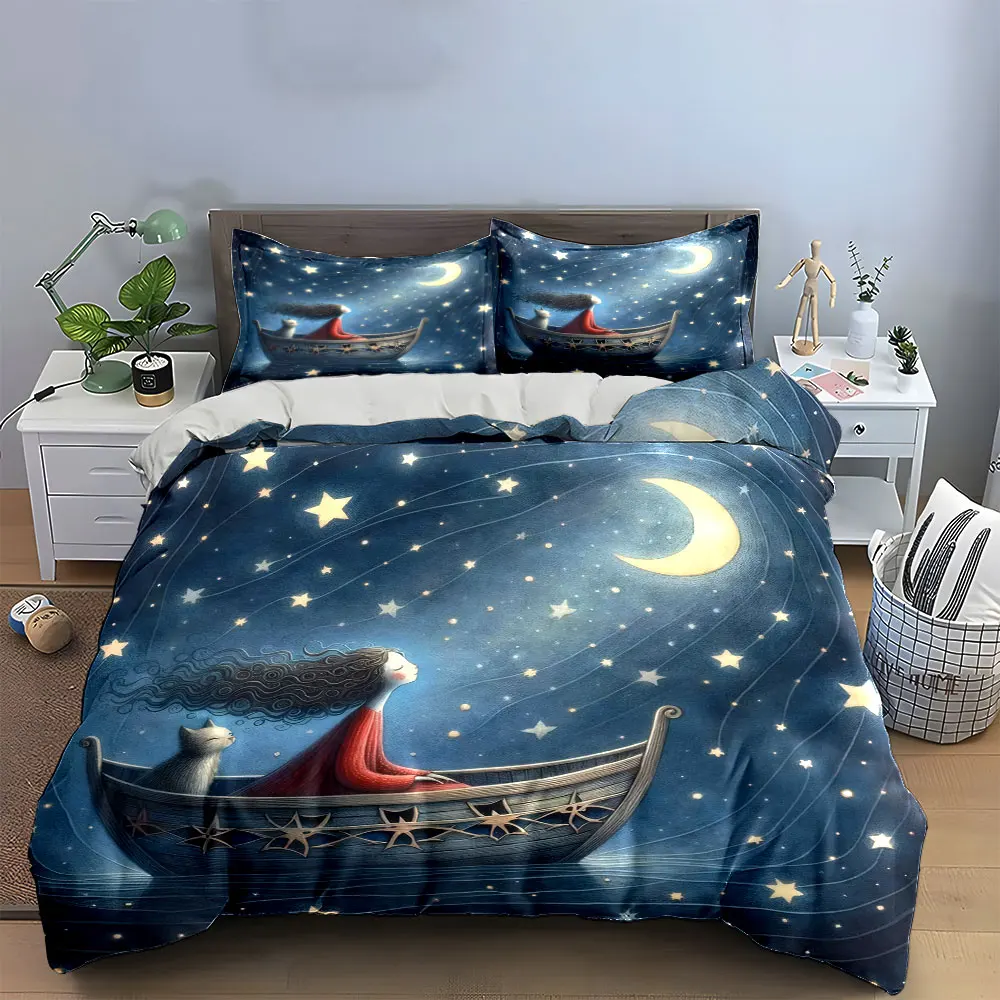 Crescent Moon Starry Boat Girl & White Cat Duvet Cover Set, Night Sky Dreamy Bedding Includes 1 Duvet Cover And 2 Pillowcase