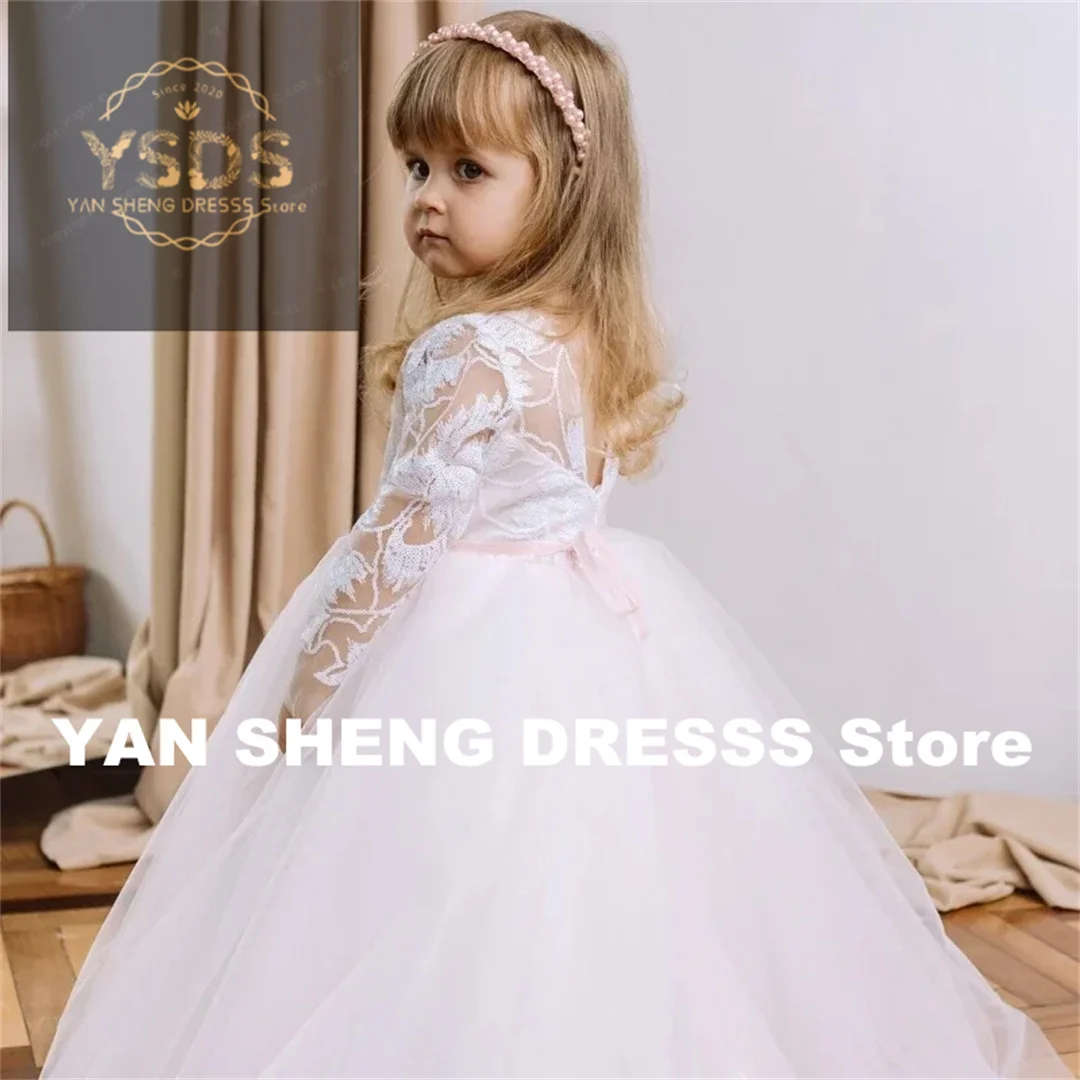 Vestidos de flores para niña, apliques de tul blanco con cinta rosa, manga larga para boda, fiesta, cumpleaños, vestidos de comunión