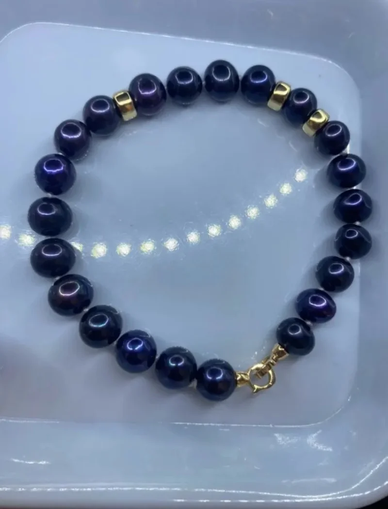 

3A Quality 8mm Elegant Natural Freshwater High Luster Round Black Pearl 18k Bracelet For Man Women Creative Design Jewelry