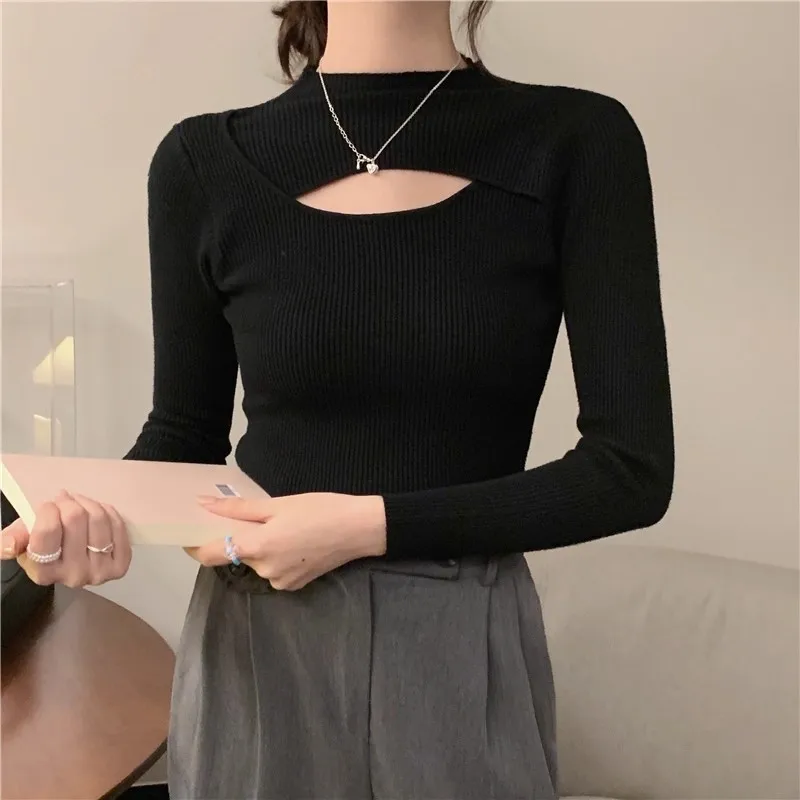 

spring autumn half Turtleneck Long Sleeve Slim Knitted Jumper Top Women Sweater Casual Pullover solid hollow out Ladies Sweaters