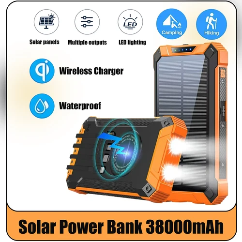 새로운 38000mAh 다기능 태양 광 발전 은행 모바일 전원 빠른 충전 배터리 4 케이블 무선 충전기 LED 손전등