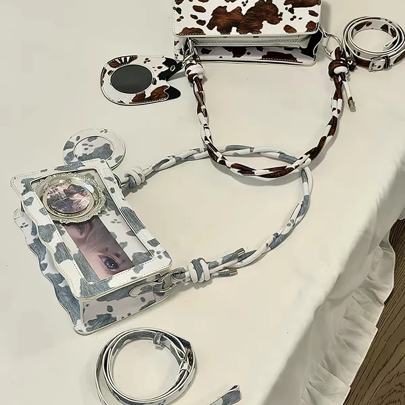 Cow Print Ita Bag Small Crossbody Purse Wavy Edge Transparent Window Design Anime Display Shoulder Bag Knotted Strap Square Bag