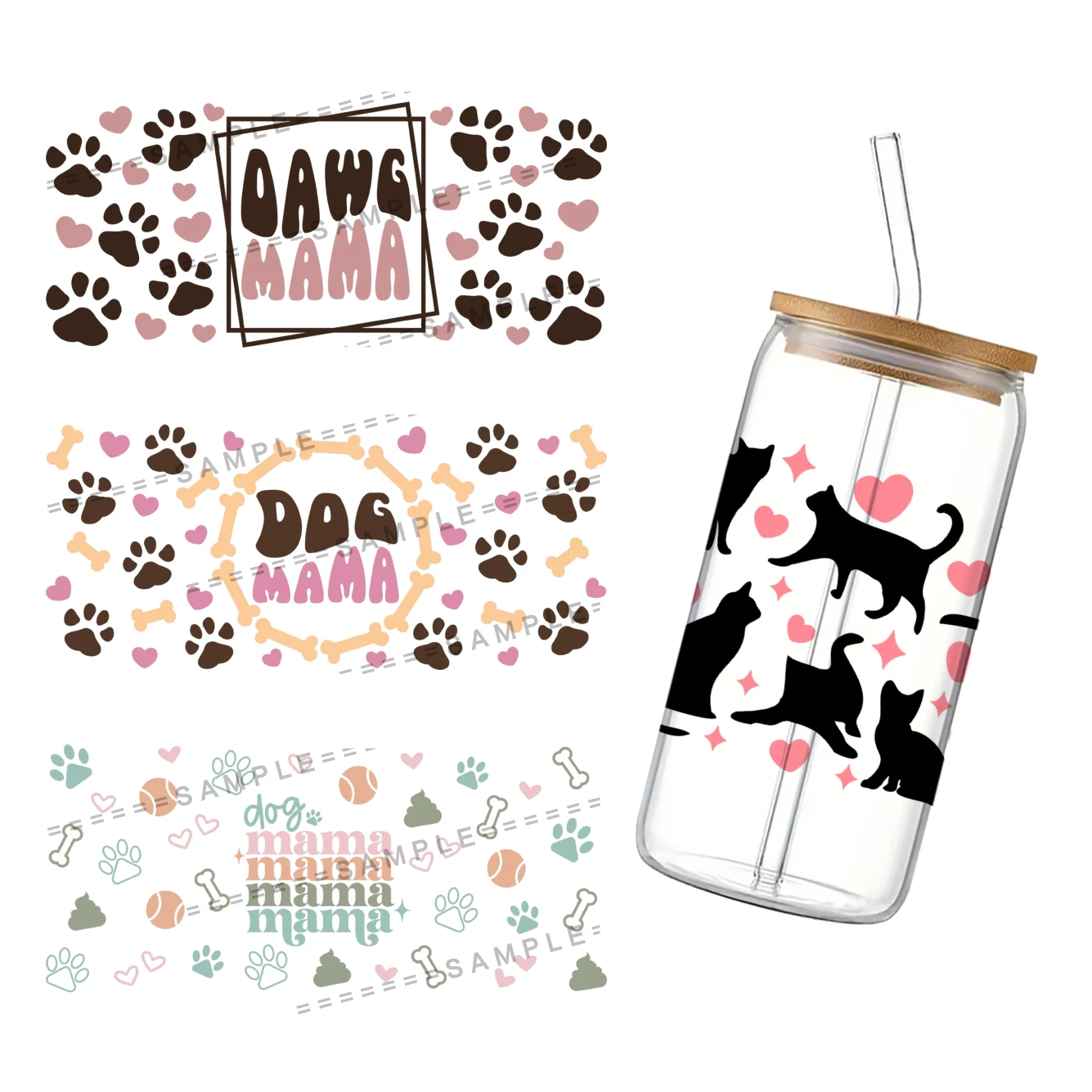 Cats Dogs Pattern UV DTF Cup Wrap for 16Oz Libbey Pets Series Glass Can DIY Transfer Sticker