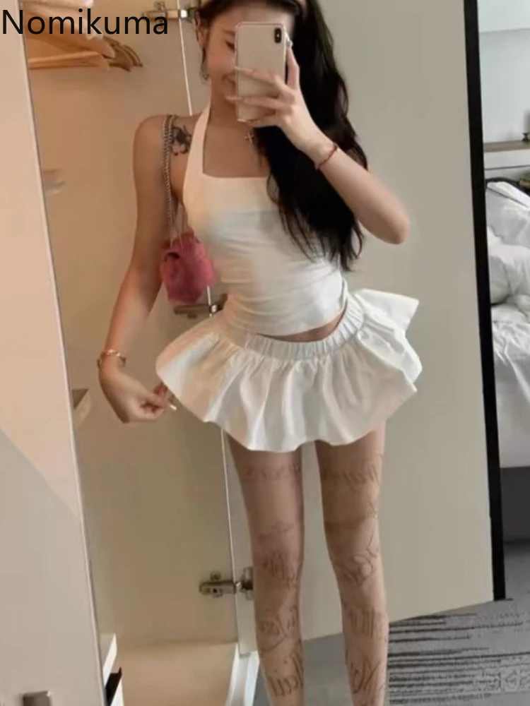 

Skirt Suit Women Two Piece Set Slim Fit Sexy Vest Crop Vest High Waist A-line Mini Skirts Outftis Summer Sweet Sets Roupas Femme