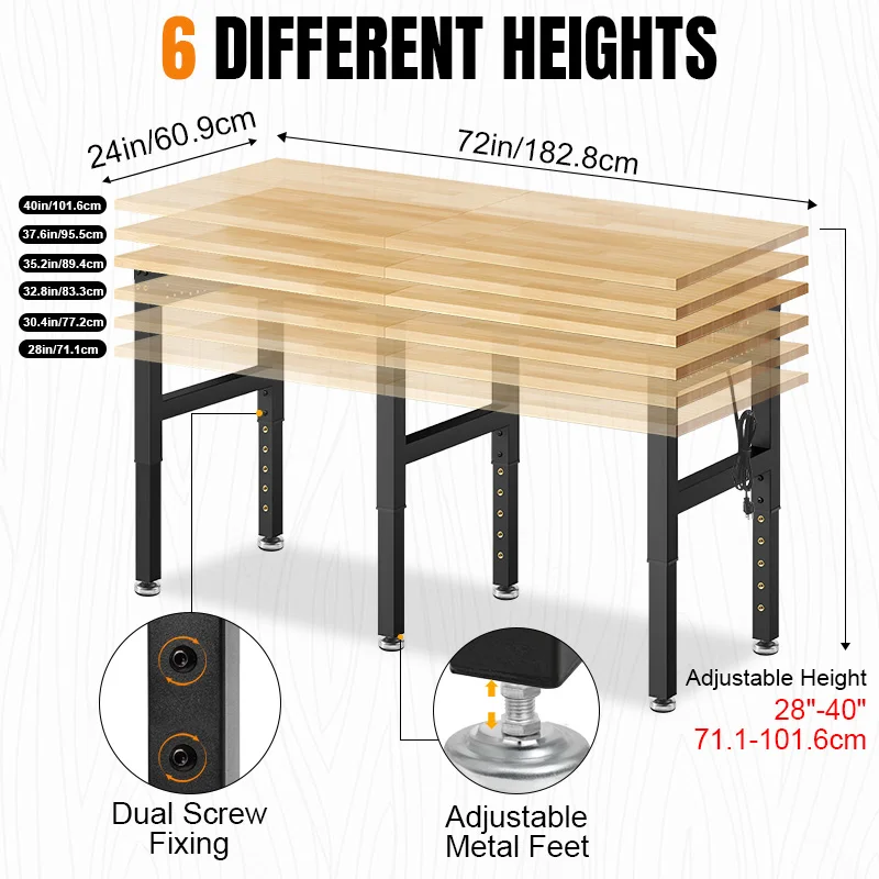 منضدة عمل قابلة للتعديل مقاس 72 بوصة، طاولة عمل خشبية مطاطية شديدة التحمل بوزن 5000 رطل مع لوحة بيجب بمنفذ طاقة لورشة المرآب المنزلية #2