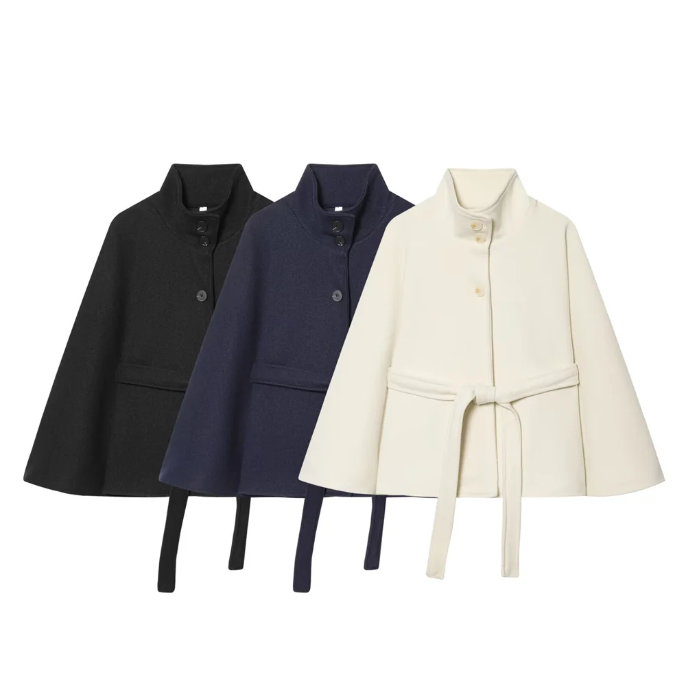 

2026 new women's clothing luxurious and versatile loose waistband cape style long sleeved high necked short jacket