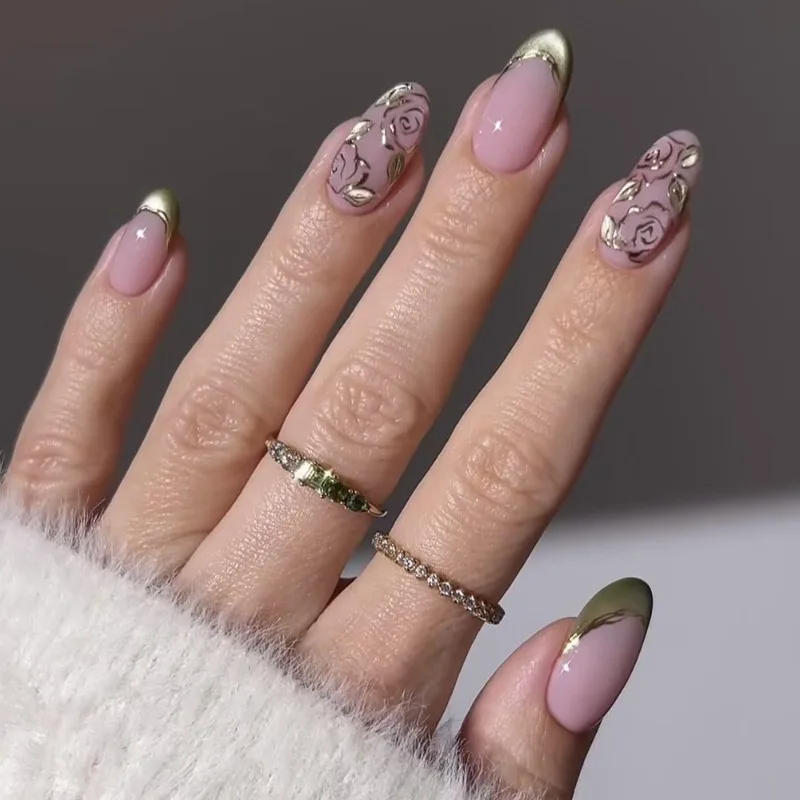 

24PCS 3D Golden Leaves Patterns False Nails Green Cat Eye Medium Oval Press on Nails Full Cover Sweet Purple Almond Fake Nails