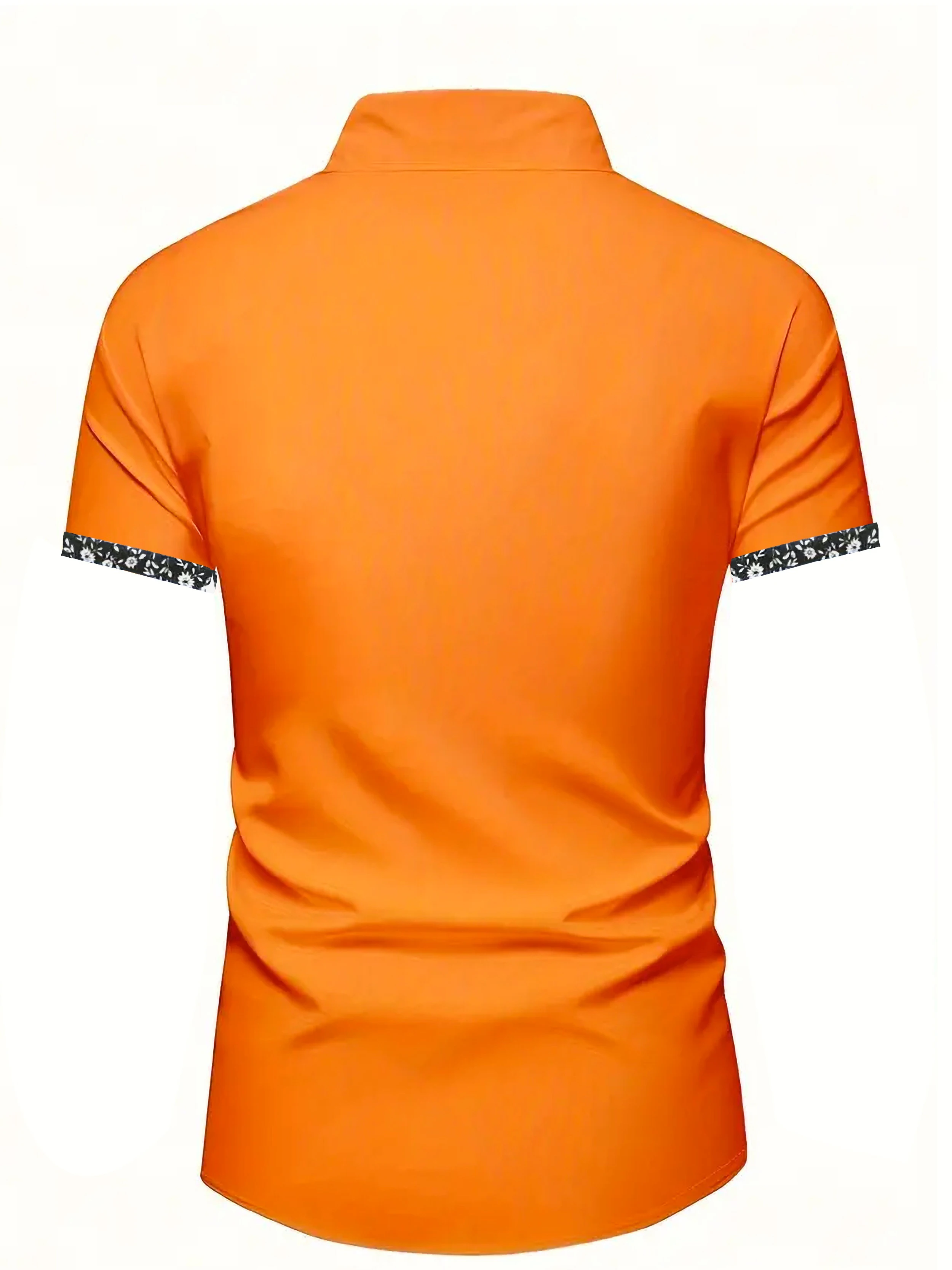 Men's Orange Short-Sleeved Shirt with Contrasting Floral Patchwork, Summer Casual Business Top