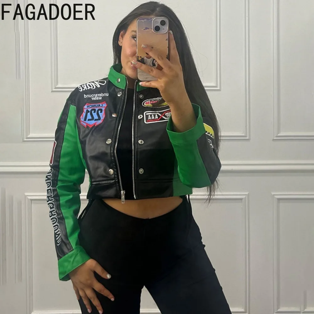 FAGADOER Fashion Streetwear Women Letter Printing Zipper Long Sleeve Crop Top Y2K Autumn New Vintage Style Jacket Not Leather