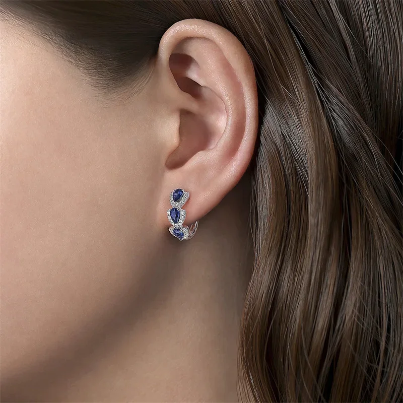 New Luxury Trendy Blue Cubic Zirconia Hoop Earrings Wedding Party Elegant Accessories for Women Anniversary Gift Jewelry