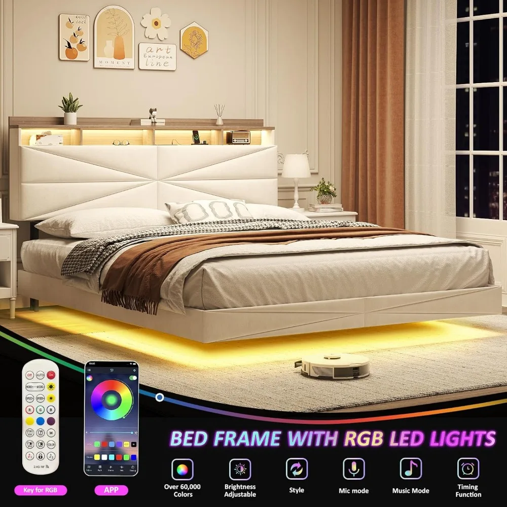 Schwebendes Queen-Size-Bettgestell mit verstecktem Stauraum-Kopfteil, modernes Queen-Size-Bett aus Metall mit Ladestation, gepolsterte Plattform
