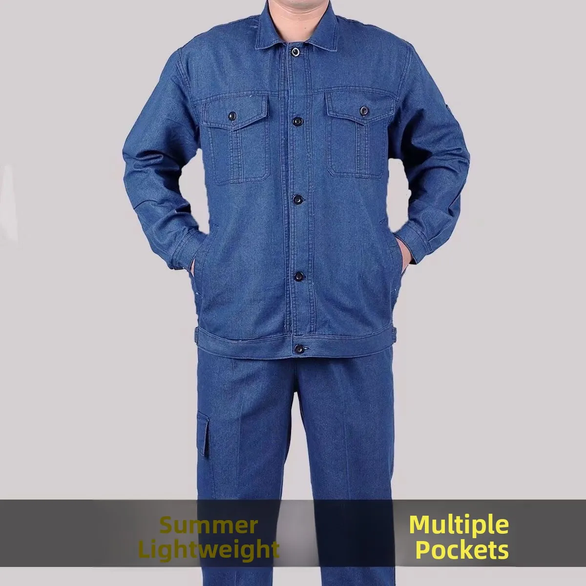 

Lightweight Cotton Workwear Set for Men Welder Uniform Breathable Anti-Heat Wear Resistant Summer Denim Overalls
