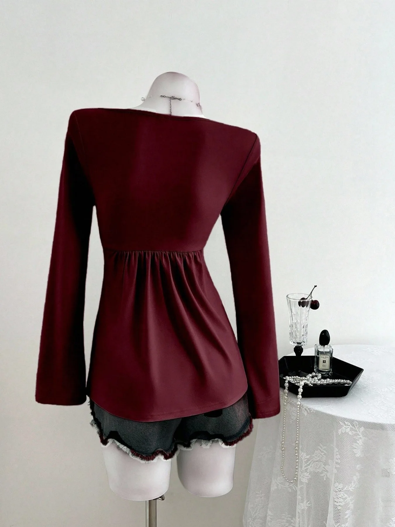 Extraordinarilystylish Top V-Neck Longsleeve Figure-Flattering Top Casual Solid Knit Top Ruched Figure-Flattering Chic Tee