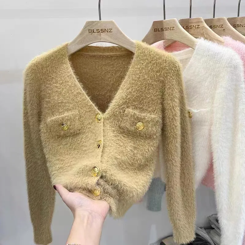 Fashion Mink Cashmere Cardigan Women Vintage Button Cropped Knitted Sweater Autumn New V-neck Solid Elegant Pink Cardigan