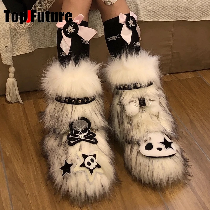 Subculture Fashion Harajuku punk Women Sweet Lolita Y2K GIRL fluffy Leather panda fur Cross leather buckle shoe Skull  increase