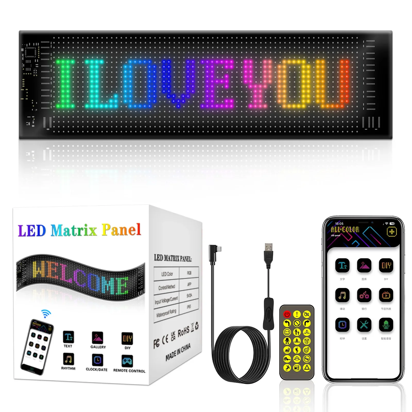 

RGB Bluetooth Control LED Display Panel Matrix Pixel Pattern Scrolling Text Animation Display Light Car Shop Display Screen Gift