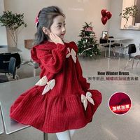 2024 Autumn and Winter Red Christmas Dress Girls Velvet Fashion Foreign Style Princess Dress New Year's Eve Velvet Dress