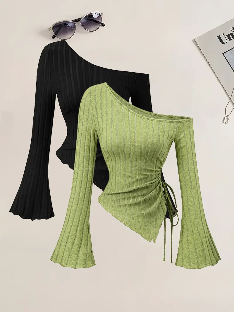 Fashion Women Off-shoulder Long Sleeve Sexy Slim T-Shirt Outdoor Casual Versatile Pullover Top Black Apple Green Two-Piece Set