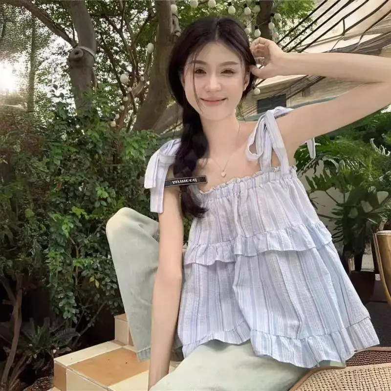 Blau gestreiftes, lockeres irt ort Design für Damen, Sommer, Frühling, schulterfreies Puppenoberteil, Polyesterfaser, lässiges Sle