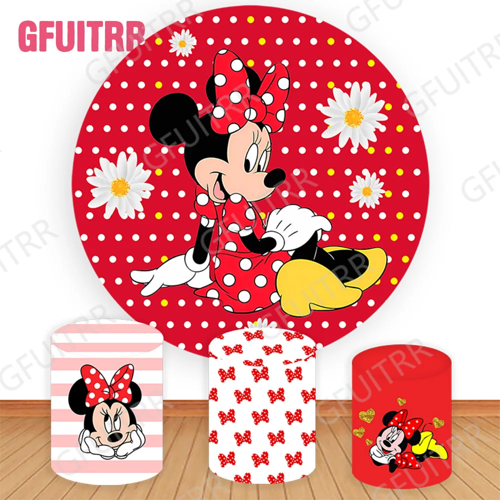 Minnie Mouse รอบเจ้าหญิงวันเกิดสาววันเกิด Baby Shower วงกลมสีชมพูกระบอกฝาครอบ Photo Photocall