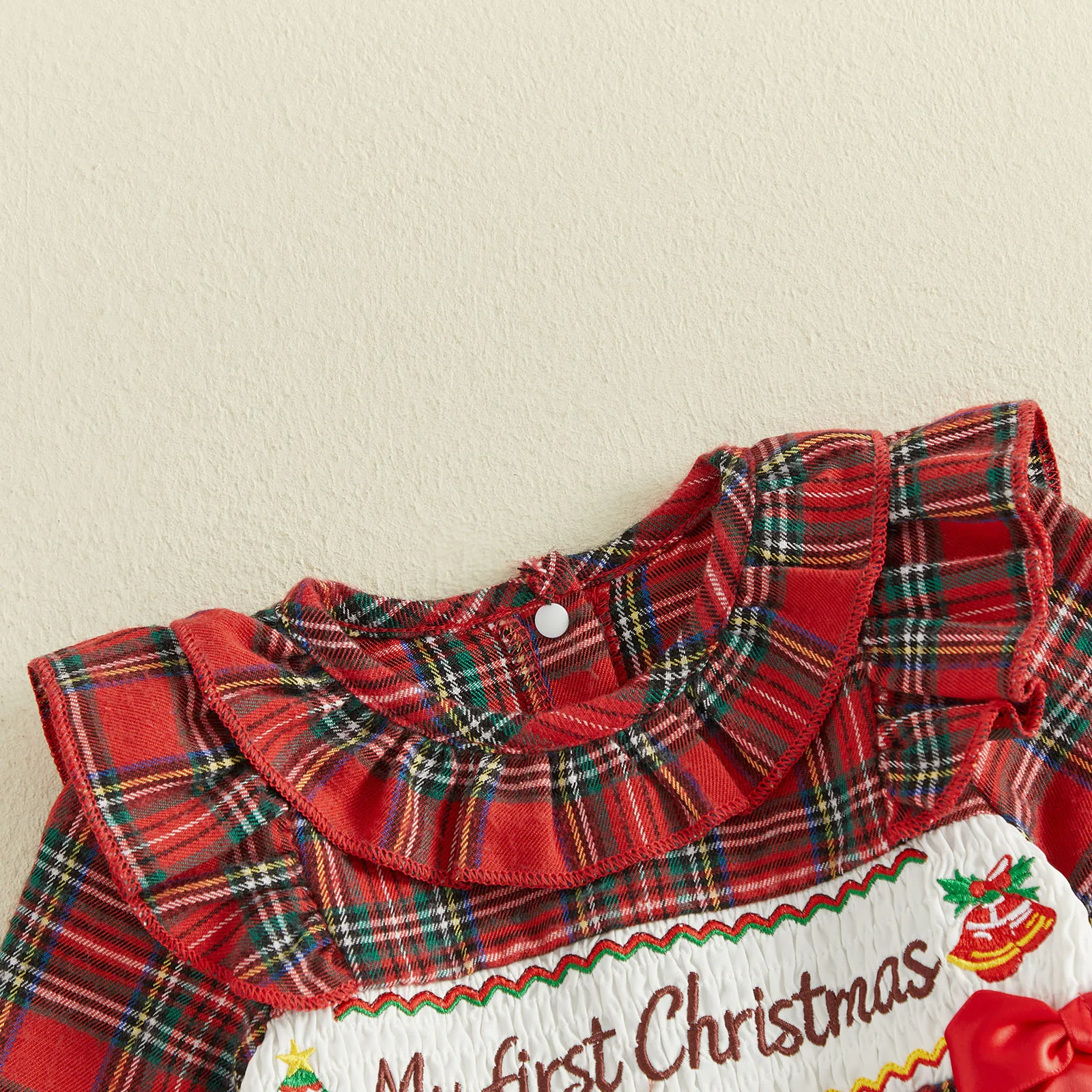 Baby Girl My First Christmas Romper Bubble Long Sleeve Letter Plaid Embroidery Jumpsuits Xmas Costume