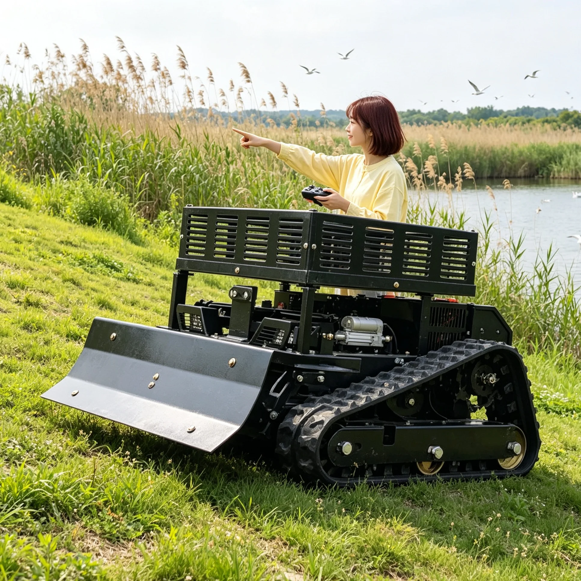 Customized Black 550 Crawler Self‑propelled Remote‑control Brush Cutter Mulching Lawn Mower 4‑stroke Engine with Snow Shovel
