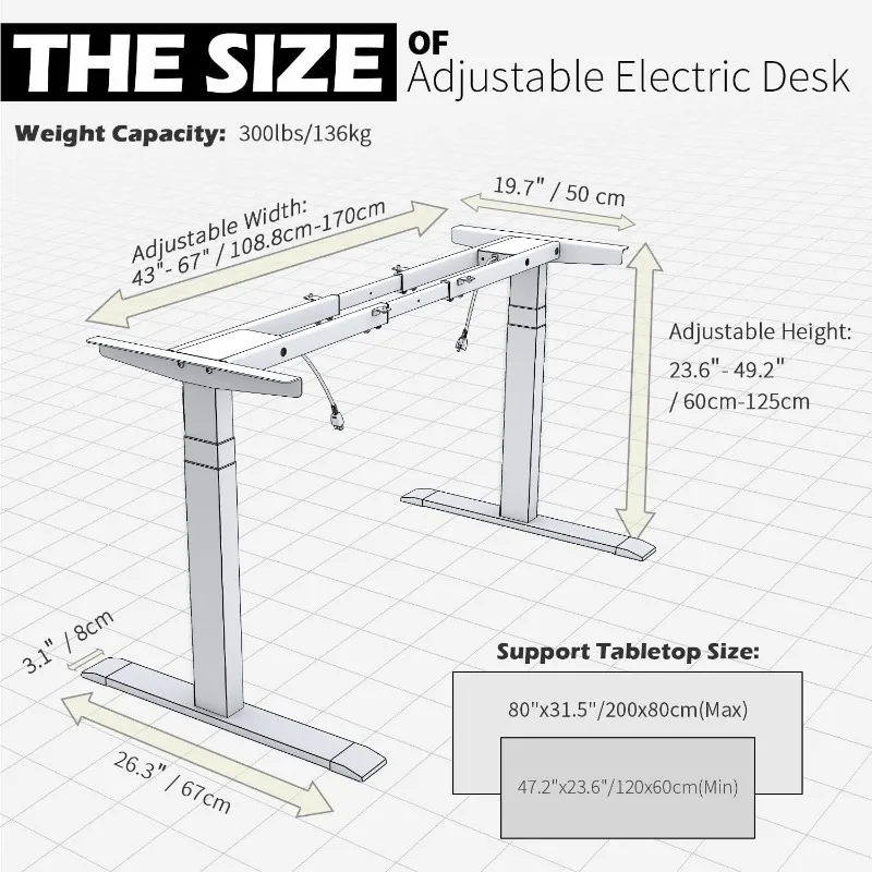 Cadre de Bureau Électrique Réglable à 3 Niveaux, Moteur Touristique, Capacité de Charge de 300lb, pour le Bureau à Domicile (Cadre Noir Uniquement)