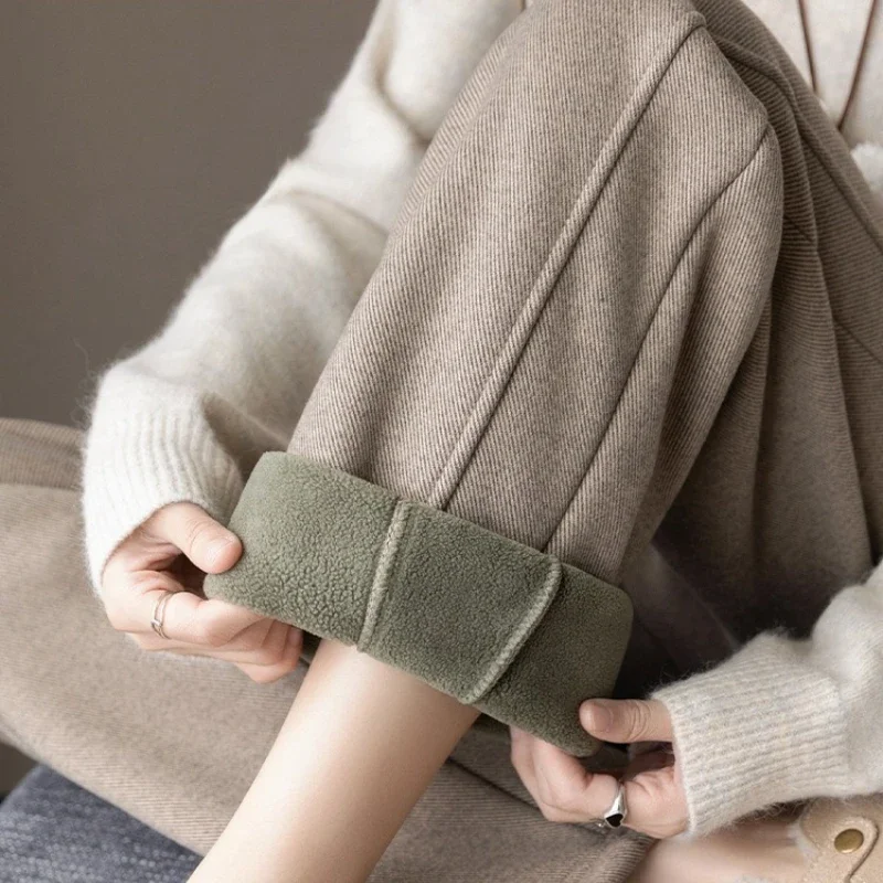 Pantalones de traje con forro polar de cintura alta para mujer, pantalones pitillo Harem de lana para oficina para mujer, pantalones femeninos de estilo OL, pantalones elásticos gruesos