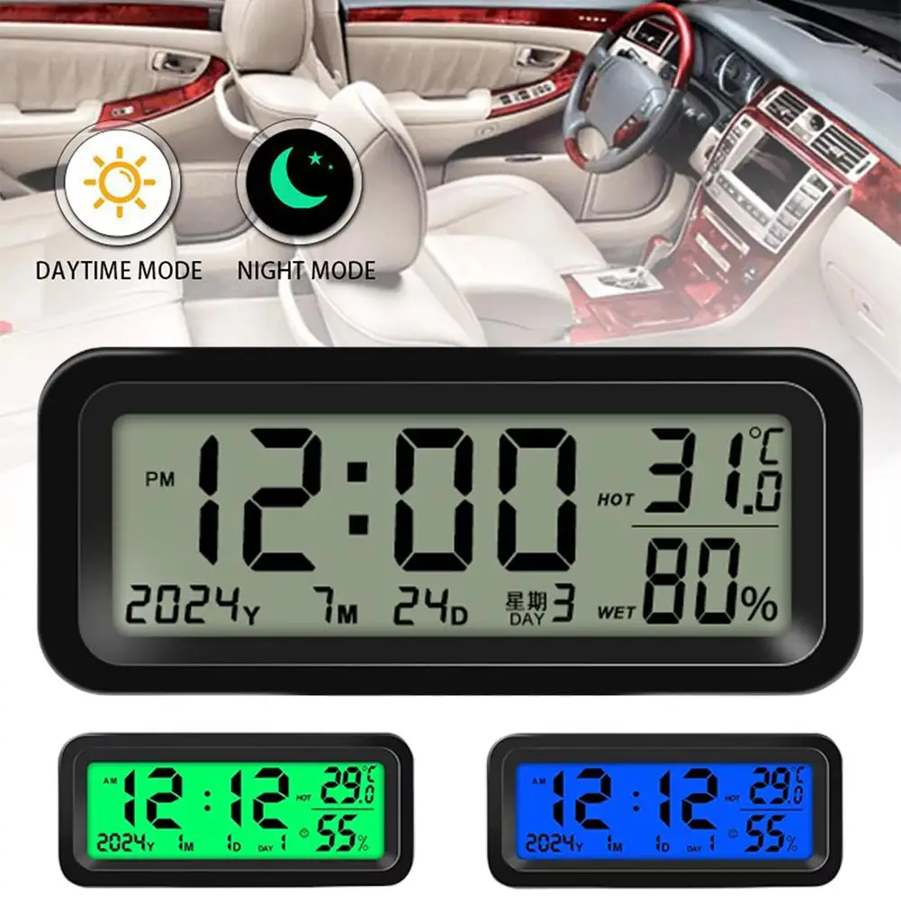 Small Digital Car Clock Solar Power Temperature Humidity Gauge Date Backlight Car Dashboard Automobiles Accessories Truck T H1L1