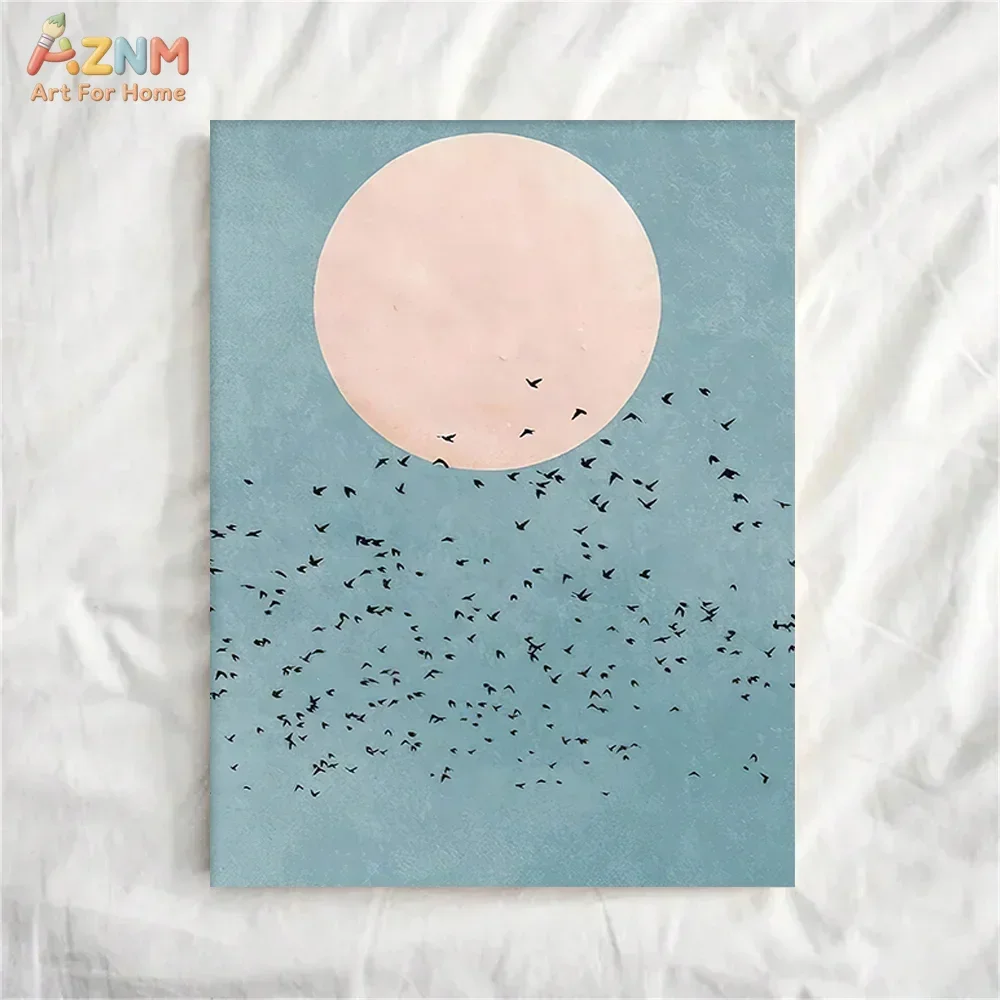 AZNM Pink Moon Birds Flock Canvas Print, Teal Background Abstract Unframed Canvas Painting, Minimalist Living Room Wall Art Deco