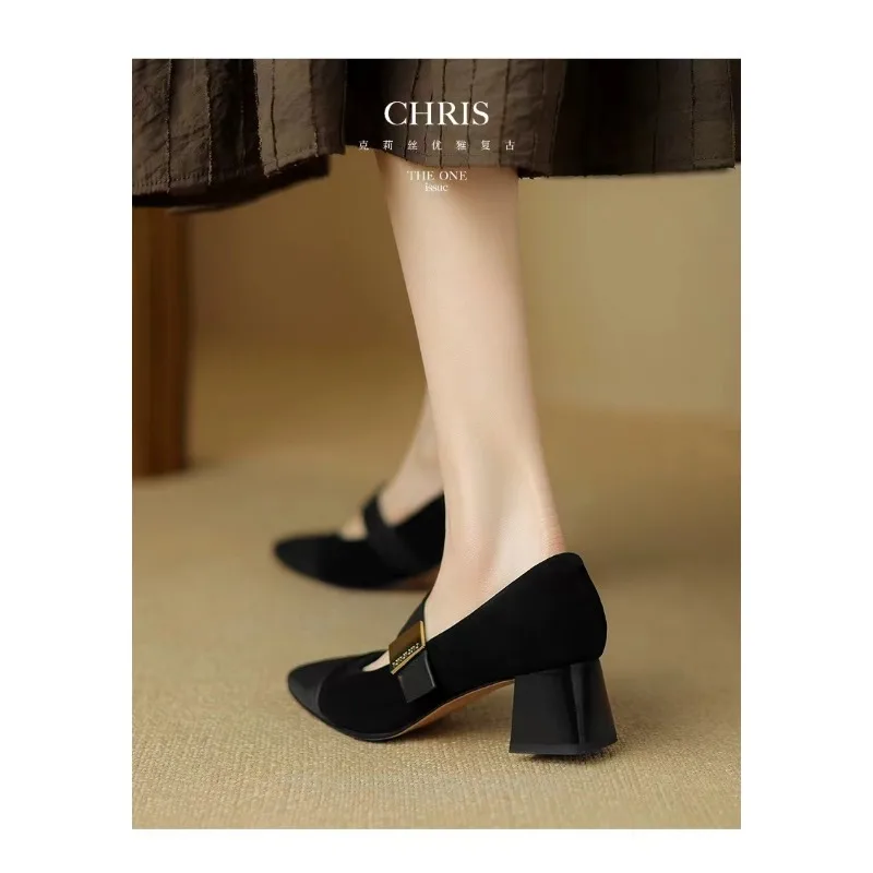 Women Nature Suede High Thick Heels New 2024 Spring Black Apricot Square Toe Pumps Elegant Lady Metal Decoration Shoes