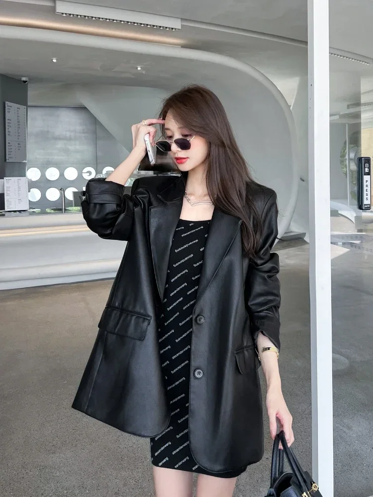 Retro Pu Leren Colbert Vrouwen Lente Elegante Hoge Kwaliteit Zwarte Blazers Mujer Mode Luxe Losse Causale Outwear Jassen Nieuw