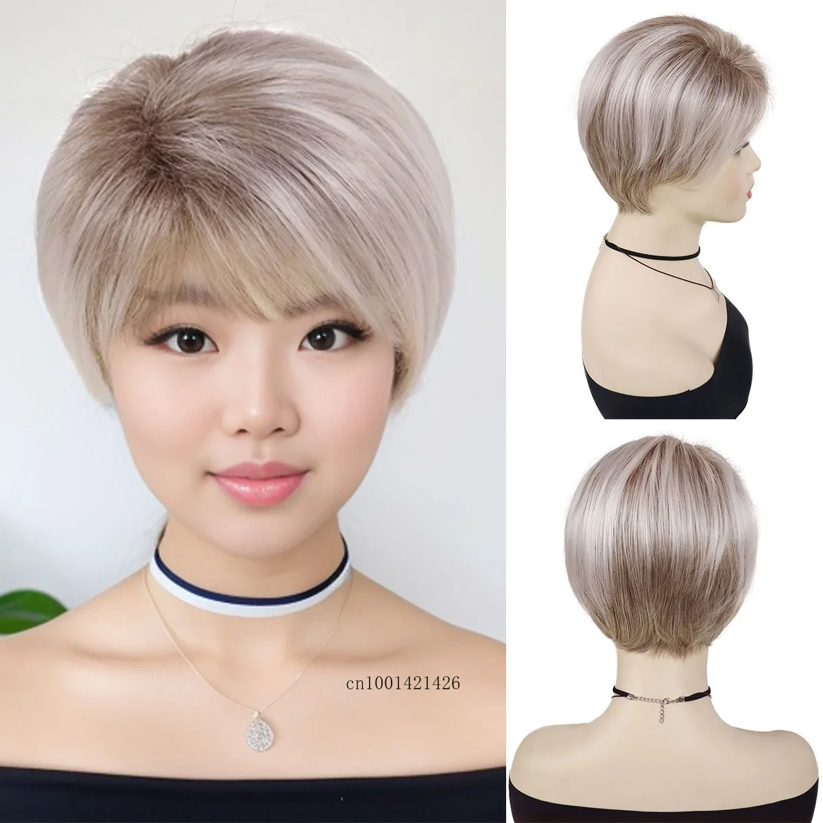 Syntheitc Cosplay Wigs Female Short Haircuts Mix Pink Wigs with Bangs Halloween Costume for Women Straight Hair Full Wig Natural