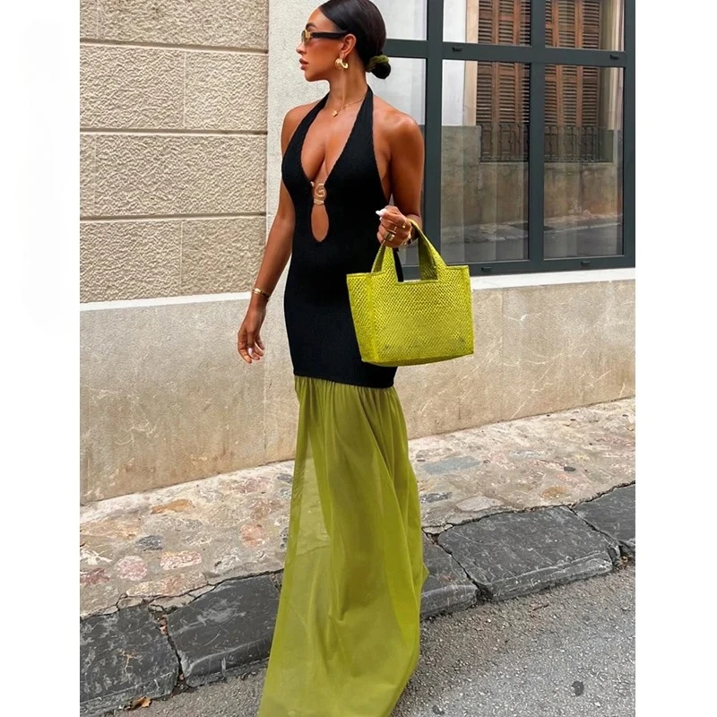 Robe Maxi Sexy dos nu découpée pour femmes, sans manches, Patchwork, décontractée, longue, tenue de soirée, printemps automne, vêtements Y2K