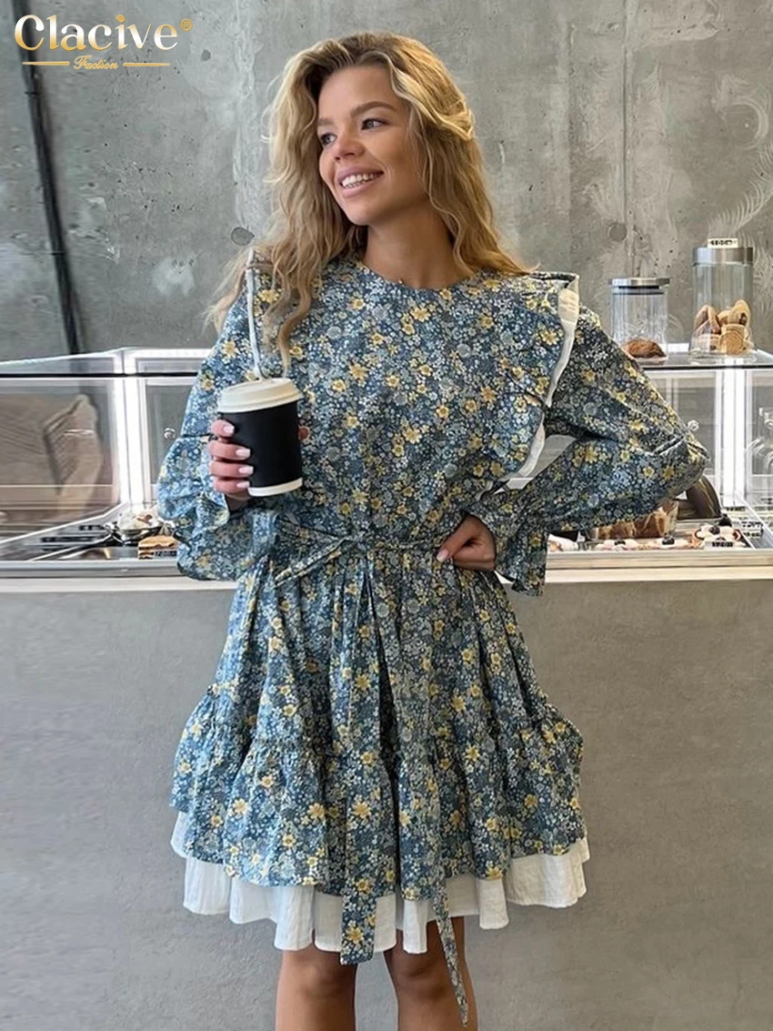 

Clacive Fashion Loose Print Women Dress 2026 Spring O-Neck Long Sleeve Mini Dresses Elegant Classic Pleated Female Dress Streetw