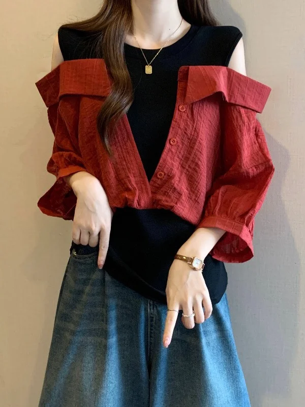 

Red Shoulder Bared Short Sleeve Shirt Women's Summer New Style plus Size Trendy Streetwear Top Korean Version Loose Fit Blouse